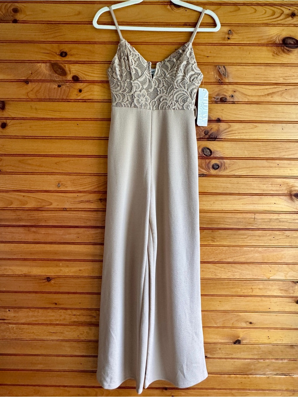 Almost Famous Wide Leg Jumpsuit Lace Bodice Taupe NWT Small Formal